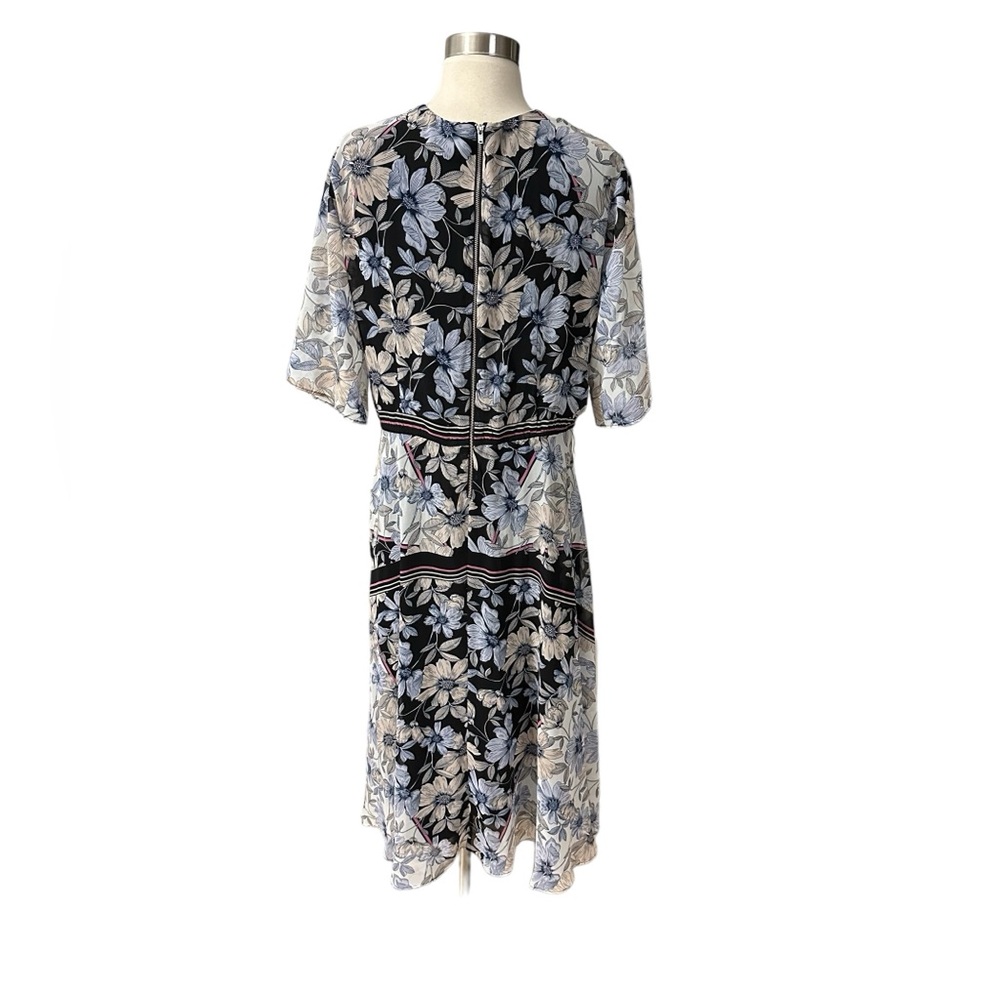 Maison Tara Blue Pink Black Tan Gray Floral Nouveau Chiffon Midi Dress Size 14 - Picture 5 of 12
